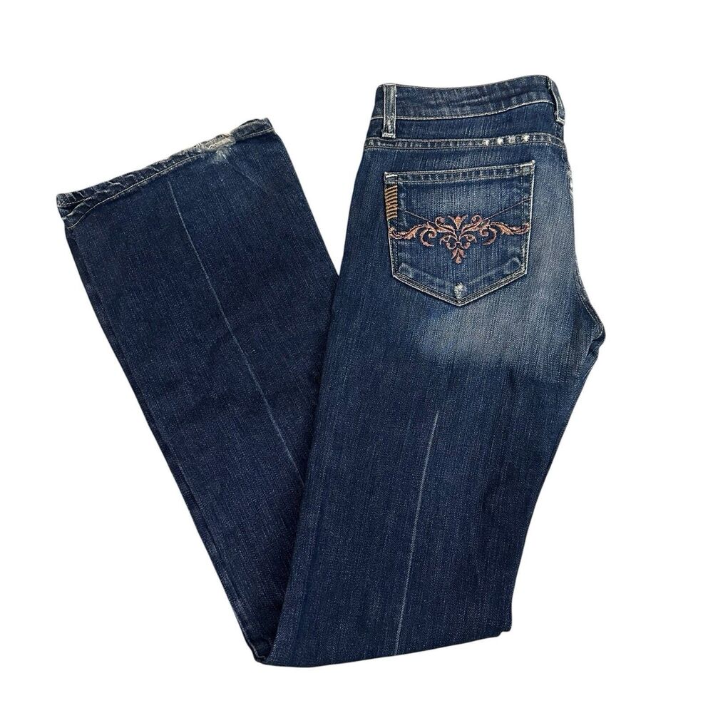 PAIGE Dark Blue Embroidered Back-Pocket Flare Jeans